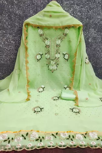 green georgette embroidered unstitched dressmaterials 3 pair top bottom dupptaa