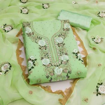 green georgette embroidered unstitched dressmaterials 3 pair top bottom dupptaa 3