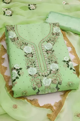 green georgette embroidered unstitched dressmaterials 3 pair top bottom dupptaa