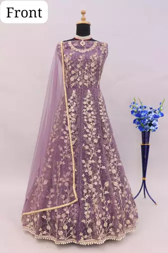 Purple embroidered butterfly net anarkali suit
