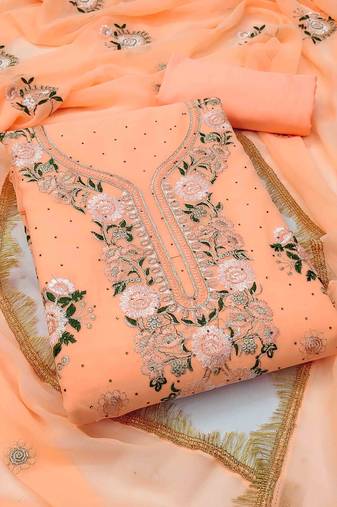 orange georgette embroidered unstitched dressmaterials 3 pair top bottom dupptaa