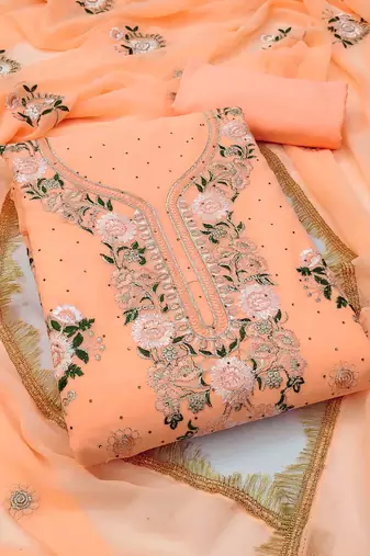 orange georgette embroidered unstitched dressmaterials 3 pair top bottom dupptaa
