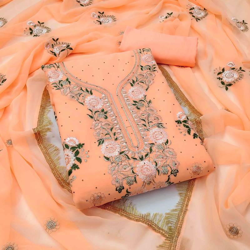 orange georgette embroidered unstitched dressmaterials 3 pair top bottom dupptaa