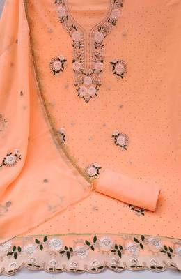 orange georgette embroidered unstitched dressmaterials 3 pair top bottom dupptaa 2