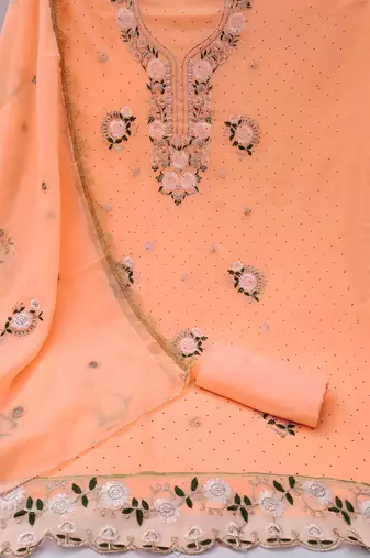 orange georgette embroidered unstitched dressmaterials 3 pair top bottom dupptaa