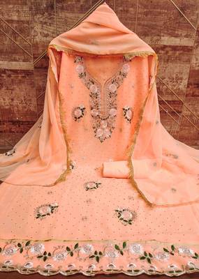 orange georgette embroidered unstitched dressmaterials 3 pair top bottom dupptaa 3