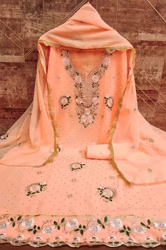 orange georgette embroidered unstitched dressmaterials 3 pair top bottom dupptaa