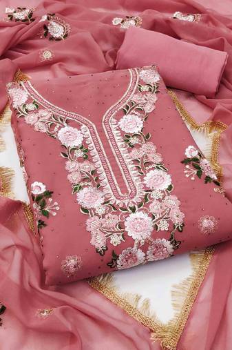 peach georgette embroidered unstitched dressmaterials 3 pair top bottom dupptaa