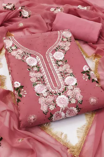 peach georgette embroidered unstitched dressmaterials 3 pair top bottom dupptaa