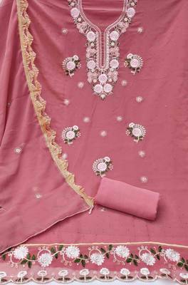 peach georgette embroidered unstitched dressmaterials 3 pair top bottom dupptaa 2