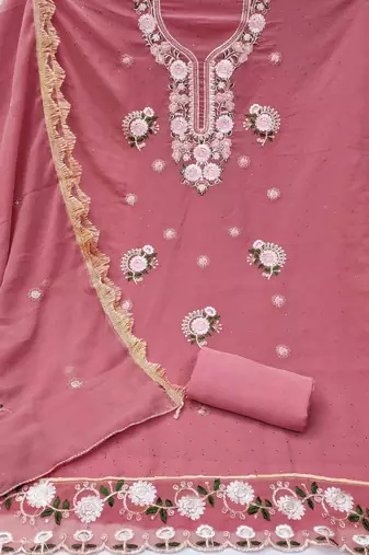 peach georgette embroidered unstitched dressmaterials 3 pair top bottom dupptaa