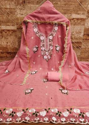 peach georgette embroidered unstitched dressmaterials 3 pair top bottom dupptaa 3