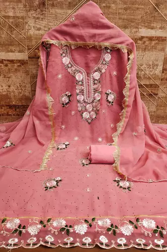 peach georgette embroidered unstitched dressmaterials 3 pair top bottom dupptaa