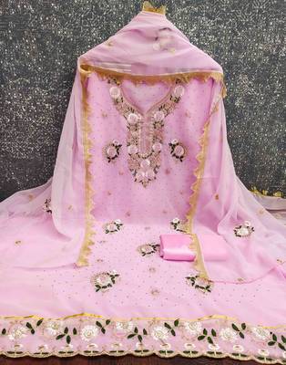 pink georgette embroidered unstitched dressmaterials 3 pair top bottom dupptaa 2