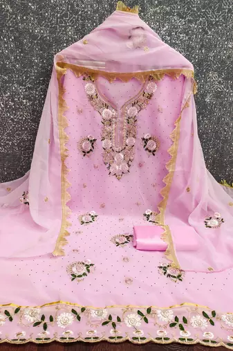 pink georgette embroidered unstitched dressmaterials 3 pair top bottom dupptaa
