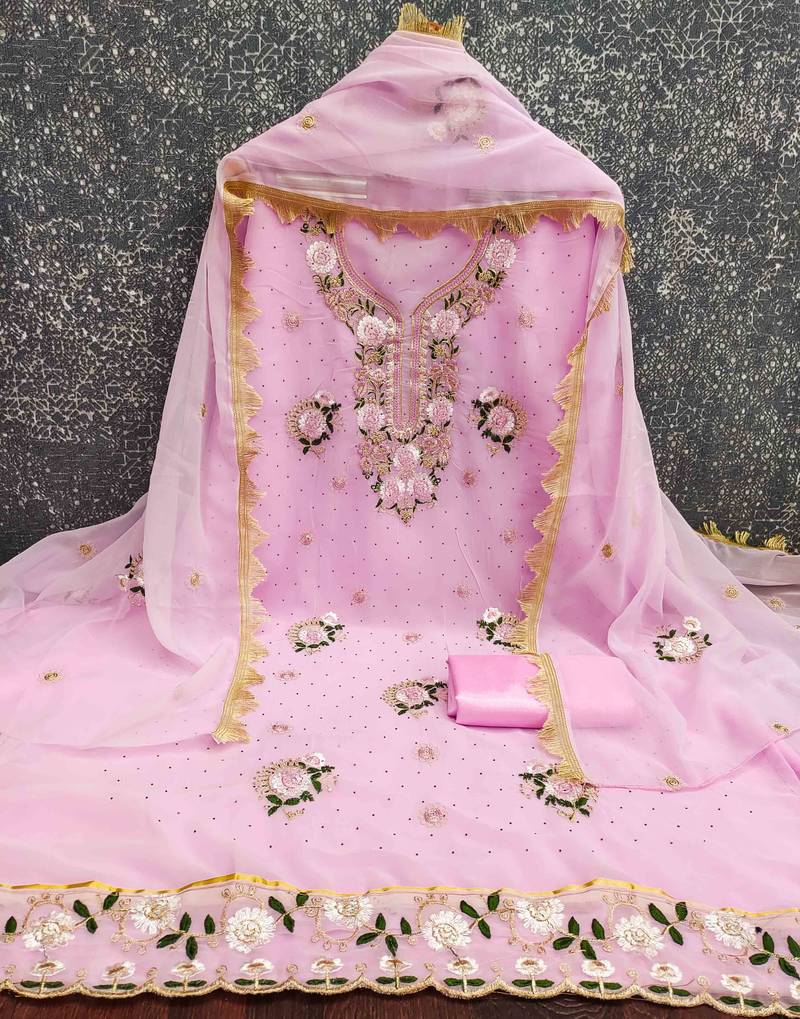 pink georgette embroidered unstitched dressmaterials 3 pair top bottom dupptaa