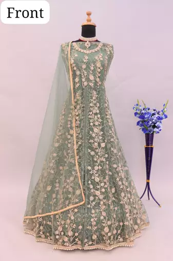 Light green embroidered butterfly net anarkali suit