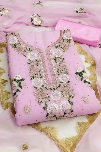 pink georgette embroidered unstitched dressmaterials 3 pair top bottom dupptaa