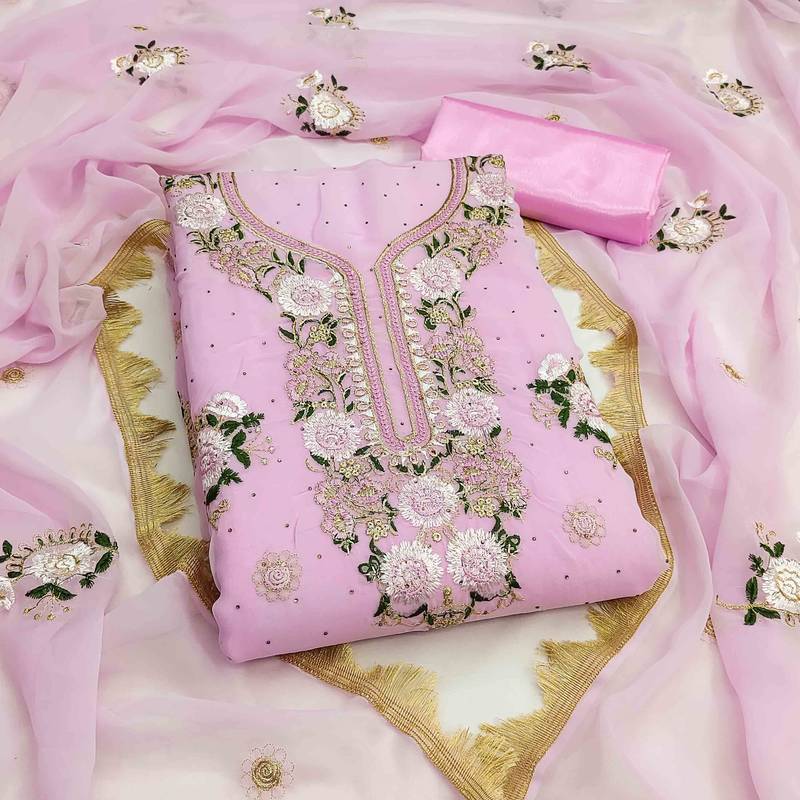 pink georgette embroidered unstitched dressmaterials 3 pair top bottom dupptaa