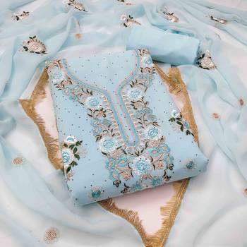 teal georgette embroidered unstitched dressmaterials 3 pair top bottom dupptaa 1