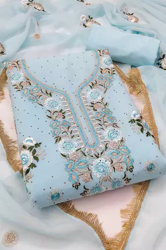 teal georgette embroidered unstitched dressmaterials 3 pair top bottom dupptaa