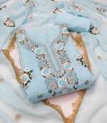 teal georgette embroidered unstitched dressmaterials 3 pair top bottom dupptaa