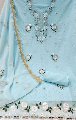 teal georgette embroidered unstitched dressmaterials 3 pair top bottom dupptaa 2