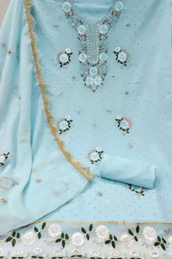 teal georgette embroidered unstitched dressmaterials 3 pair top bottom dupptaa