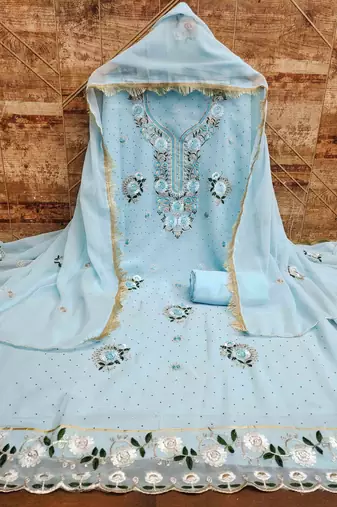 teal georgette embroidered unstitched dressmaterials 3 pair top bottom dupptaa