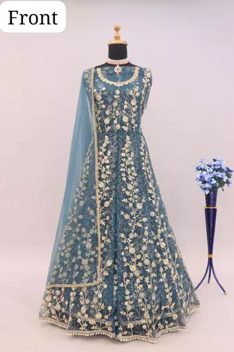 Dark grey embroidered butterfly net anarkali suit