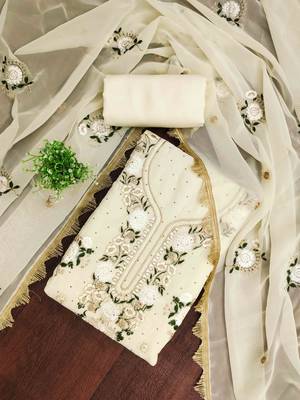 white georgette embroidered unstitched dressmaterials 3 pair top bottom dupptaa 1