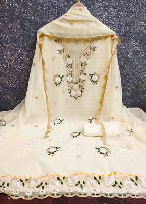 white georgette embroidered unstitched dressmaterials 3 pair top bottom dupptaa 2