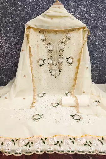 white georgette embroidered unstitched dressmaterials 3 pair top bottom dupptaa