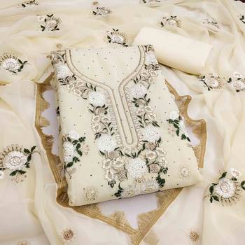 white georgette embroidered unstitched dressmaterials 3 pair top bottom dupptaa 3