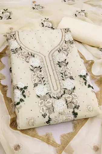 white georgette embroidered unstitched dressmaterials 3 pair top bottom dupptaa