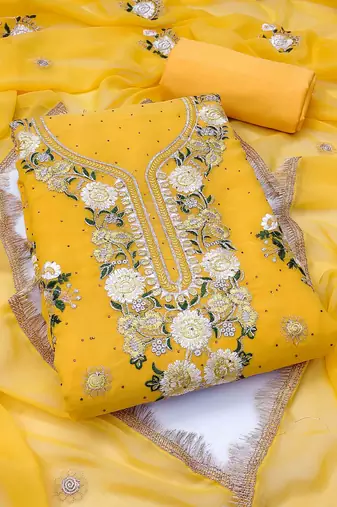 yellow georgette embroidered unstitched dressmaterials 3 pair top bottom dupptaa