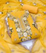 yellow georgette embroidered unstitched dressmaterials 3 pair top bottom dupptaa