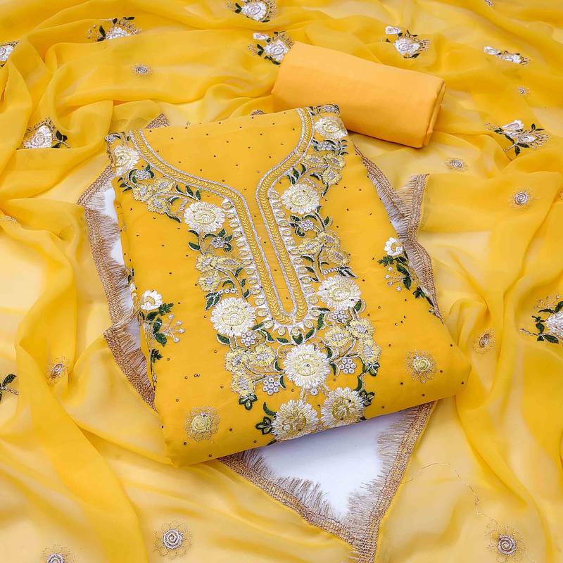 yellow georgette embroidered unstitched dressmaterials 3 pair top bottom dupptaa