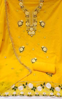 yellow georgette embroidered unstitched dressmaterials 3 pair top bottom dupptaa 2