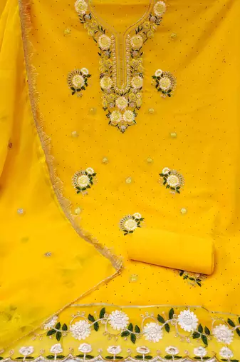 yellow georgette embroidered unstitched dressmaterials 3 pair top bottom dupptaa