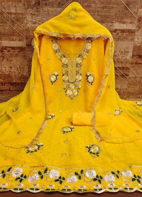 yellow georgette embroidered unstitched dressmaterials 3 pair top bottom dupptaa 3