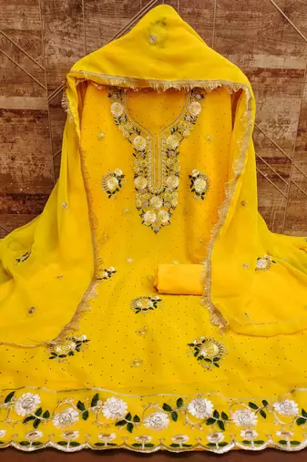 yellow georgette embroidered unstitched dressmaterials 3 pair top bottom dupptaa