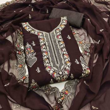 brown georgette embroidered unstitched dressmaterials 3 pair top bottom dupptaa 1