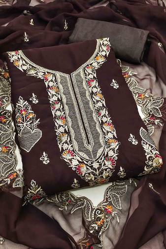 brown georgette embroidered unstitched dressmaterials 3 pair top bottom dupptaa