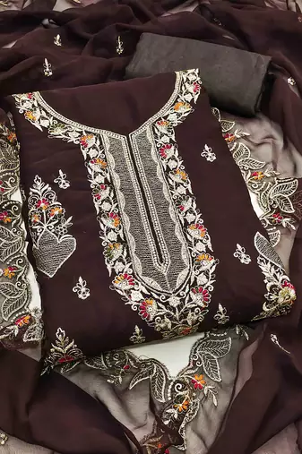 brown georgette embroidered unstitched dressmaterials 3 pair top bottom dupptaa