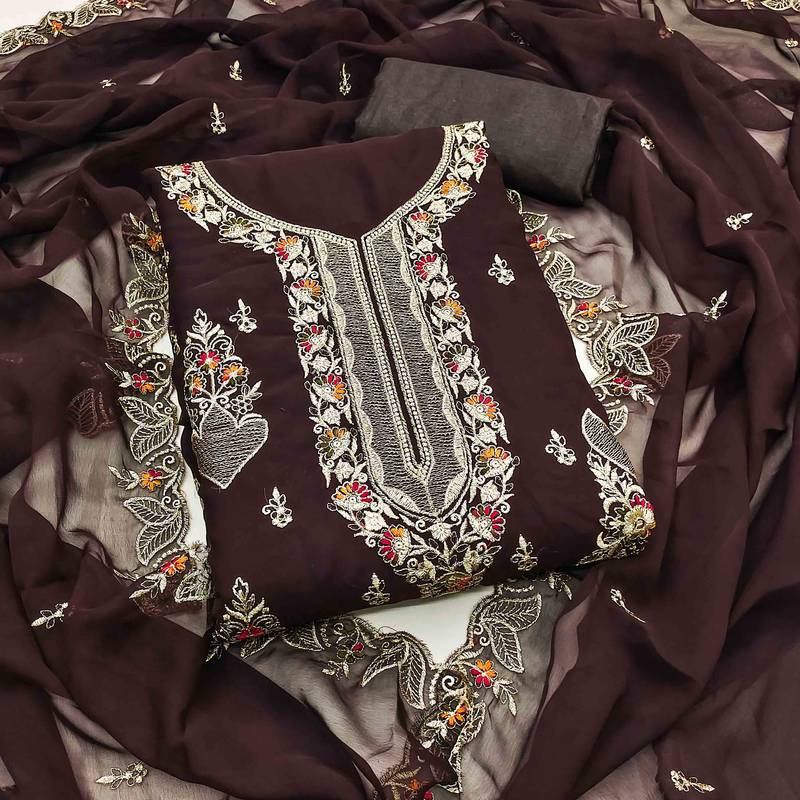 brown georgette embroidered unstitched dressmaterials 3 pair top bottom dupptaa