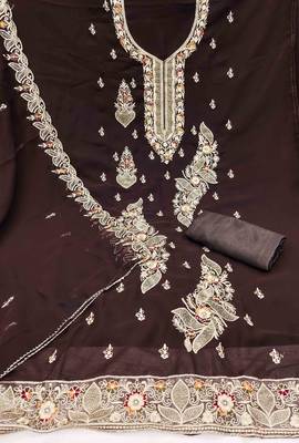 brown georgette embroidered unstitched dressmaterials 3 pair top bottom dupptaa 2