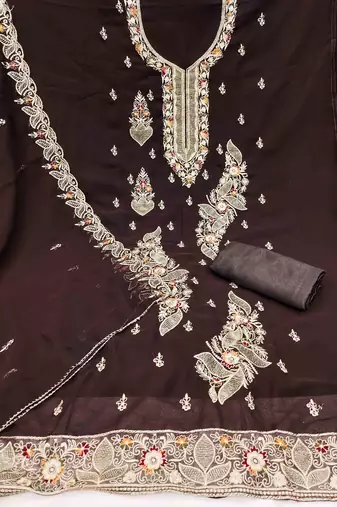 brown georgette embroidered unstitched dressmaterials 3 pair top bottom dupptaa