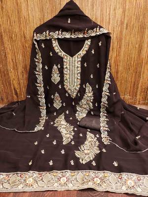 brown georgette embroidered unstitched dressmaterials 3 pair top bottom dupptaa 3