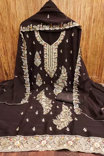 brown georgette embroidered unstitched dressmaterials 3 pair top bottom dupptaa
